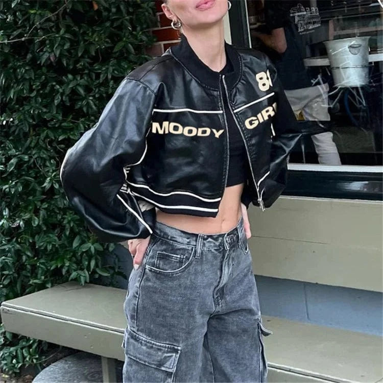 Women Leather Jacket Letter Fashion Zip Up Racing PU Crop Top High Street Gothic Slim Coat