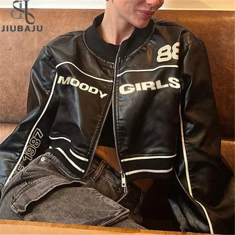 Women Leather Jacket Letter Fashion Zip Up Racing PU Crop Top High Street Gothic Slim Coat
