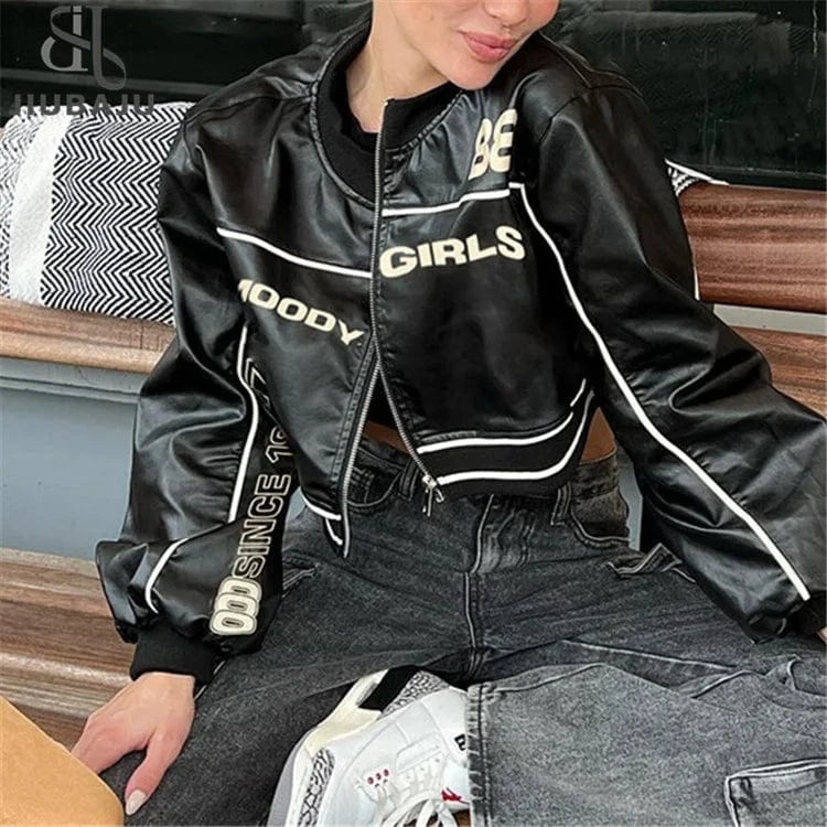 Women Leather Jacket Letter Fashion Zip Up Racing PU Crop Top High Street Gothic Slim Coat