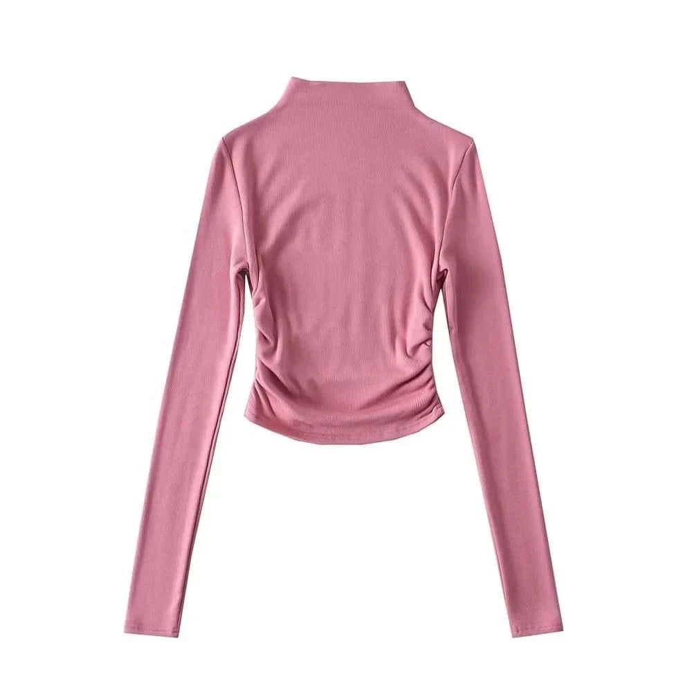 Women Long Sleeve Basic Candy Color Turtleneck Crop Top with Elastic Side Stack High Stretch Cotton Mock Neck Tops