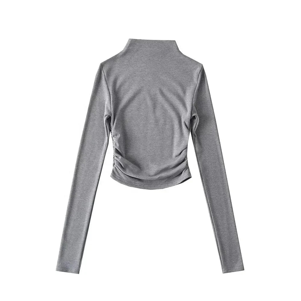 Women Long Sleeve Basic Candy Color Turtleneck Crop Top with Elastic Side Stack High Stretch Cotton Mock Neck Tops