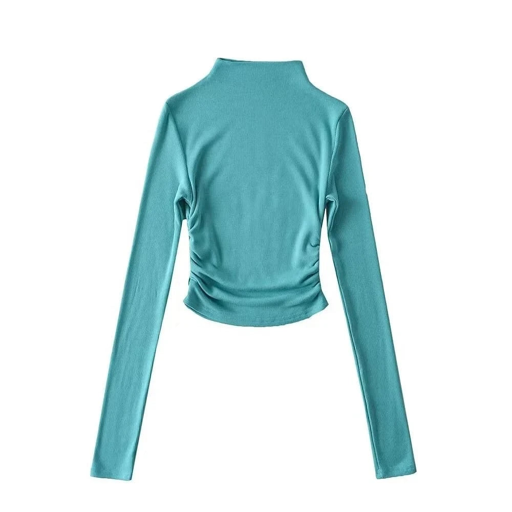 Women Long Sleeve Basic Candy Color Turtleneck Crop Top with Elastic Side Stack High Stretch Cotton Mock Neck Tops
