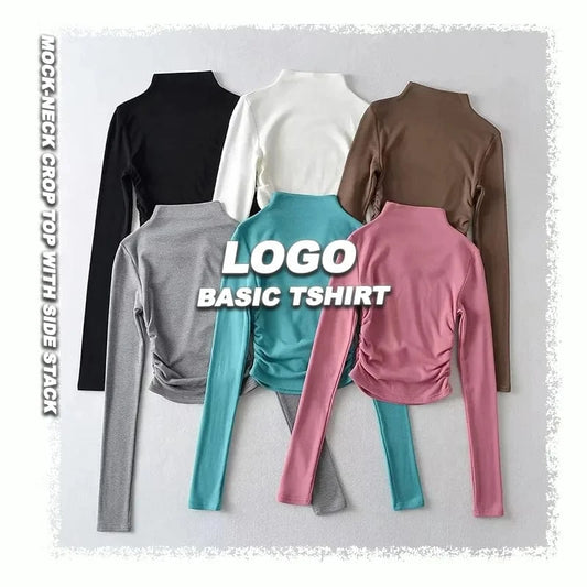 Women Long Sleeve Basic Candy Color Turtleneck Crop Top with Elastic Side Stack High Stretch Cotton Mock Neck Tops