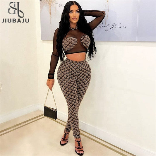 Women Long Sleeve Crop Tops Long Pants Two Piece Sets Mesh Patchwork Fall Outfits 2023 Spring Clothes