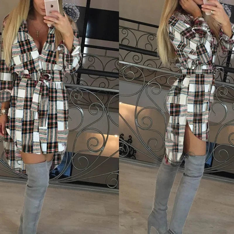 Women Long Sleeve Plaid Shirts Blouses Women's Lapel Button Mid-Length Long Shirt Lady New Fashion Casual Tops Shirt
