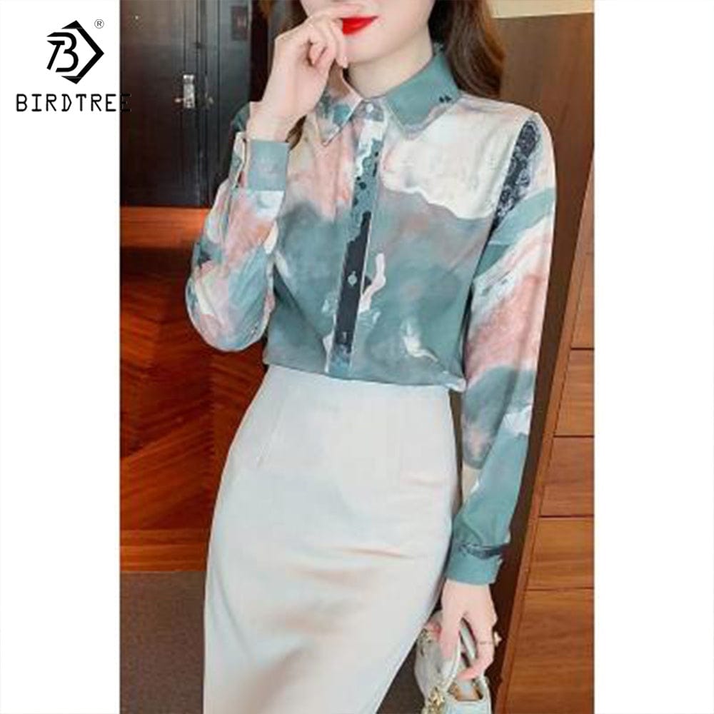 Women Long Sleeve Printed Shirts Elegant Casual Loose Blouses Chiffon Shirt Tops For Spring Autumn