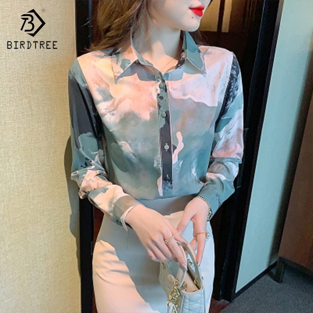 Women Long Sleeve Printed Shirts Elegant Casual Loose Blouses Chiffon Shirt Tops For Spring Autumn