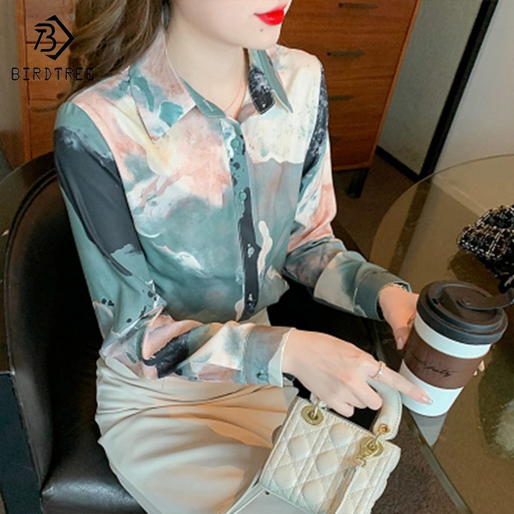 Women Long Sleeve Printed Shirts Elegant Casual Loose Blouses Chiffon Shirt Tops For Spring Autumn