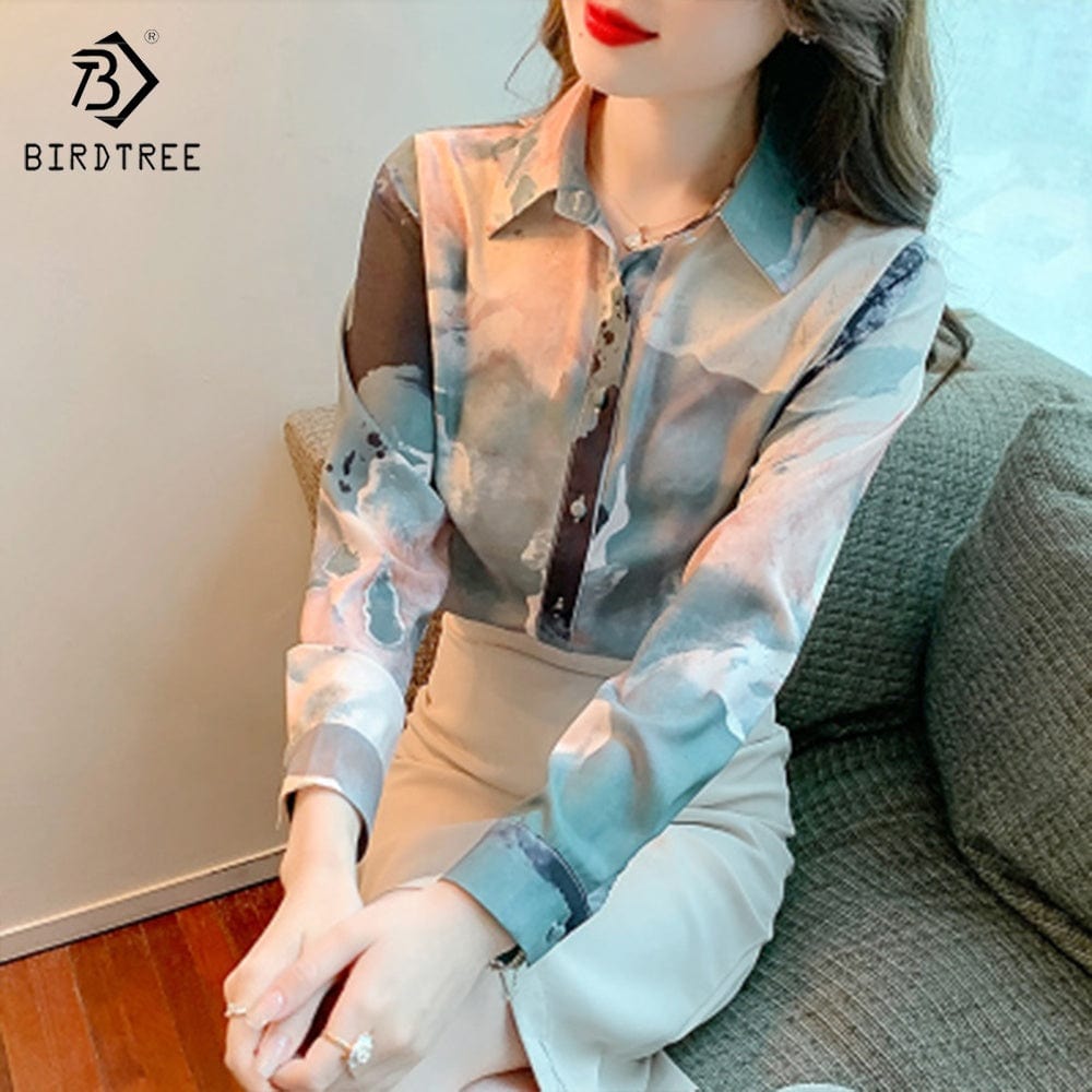 Women Long Sleeve Printed Shirts Elegant Casual Loose Blouses Chiffon Shirt Tops For Spring Autumn