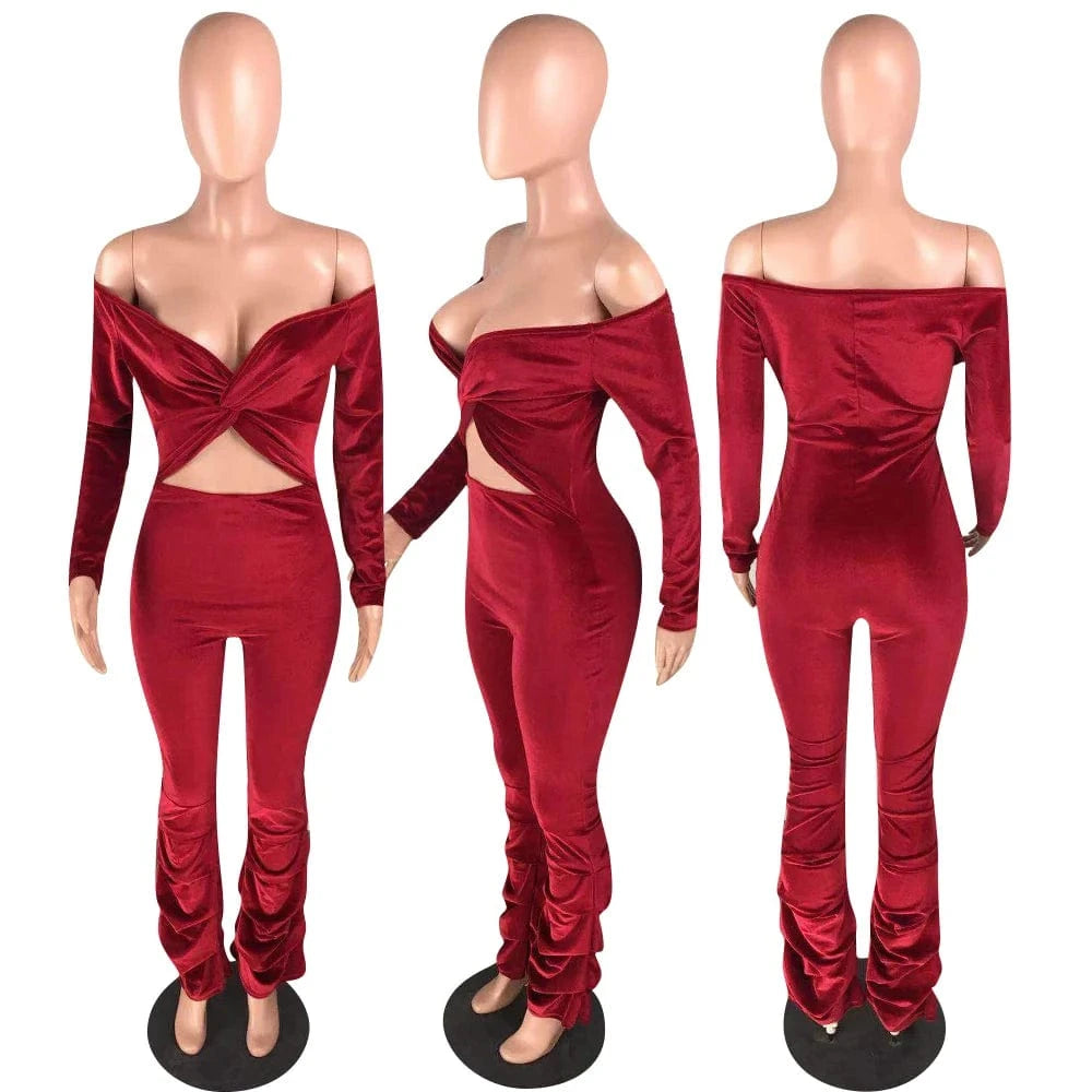 Women Long Sleeve Sexy Off Shoulder Bodycon Clubwear Velvet Playsuit 2023 Autumn Winter Hollow Out Ruched Jumpsuit