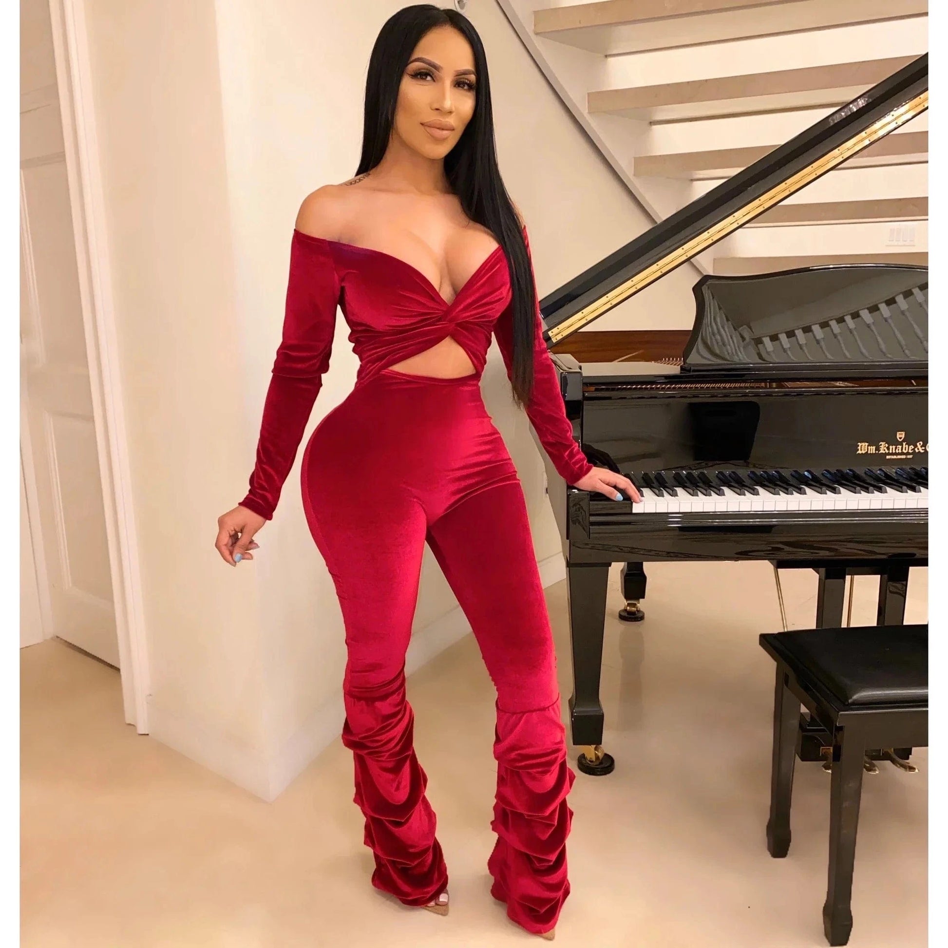 Women Long Sleeve Sexy Off Shoulder Bodycon Clubwear Velvet Playsuit 2023 Autumn Winter Hollow Out Ruched Jumpsuit