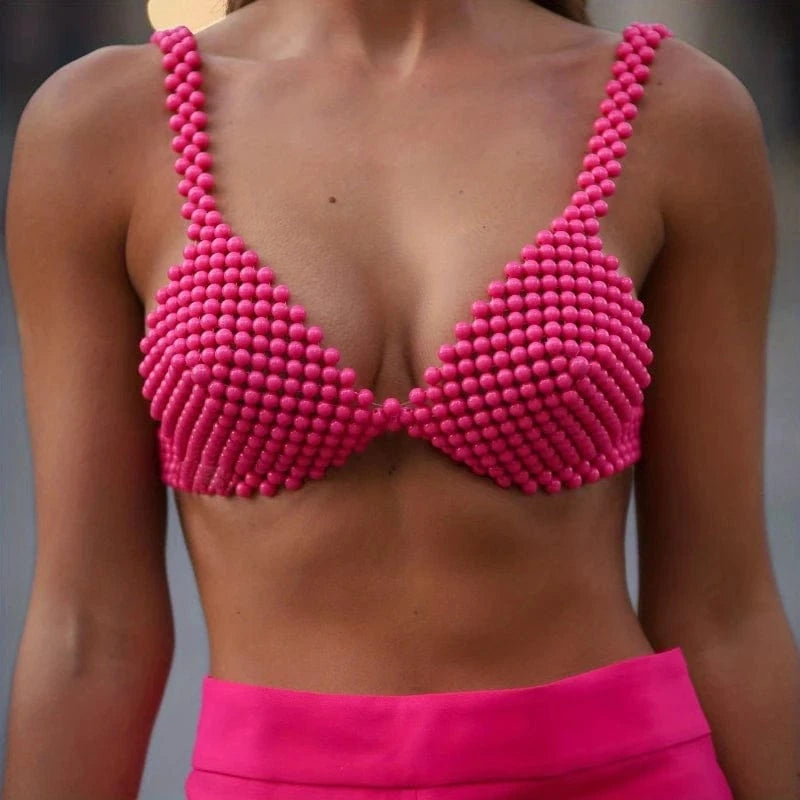 Women Luxury Handmade Faux Pearls Crop Top Bra Body Chain Simple Style Beaded Body Chain Jewelry Accessories