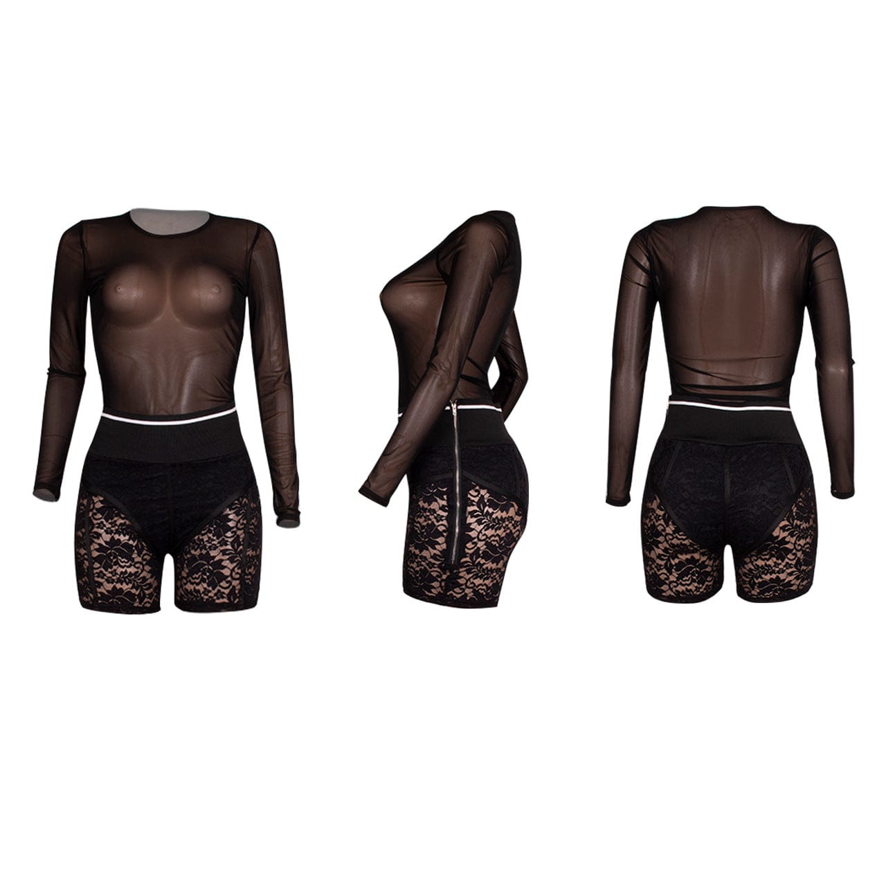 Women Mesh Cover up Sets Sheer 2 Piece Outfits Crop Top Zipper Short Sets Club Wear