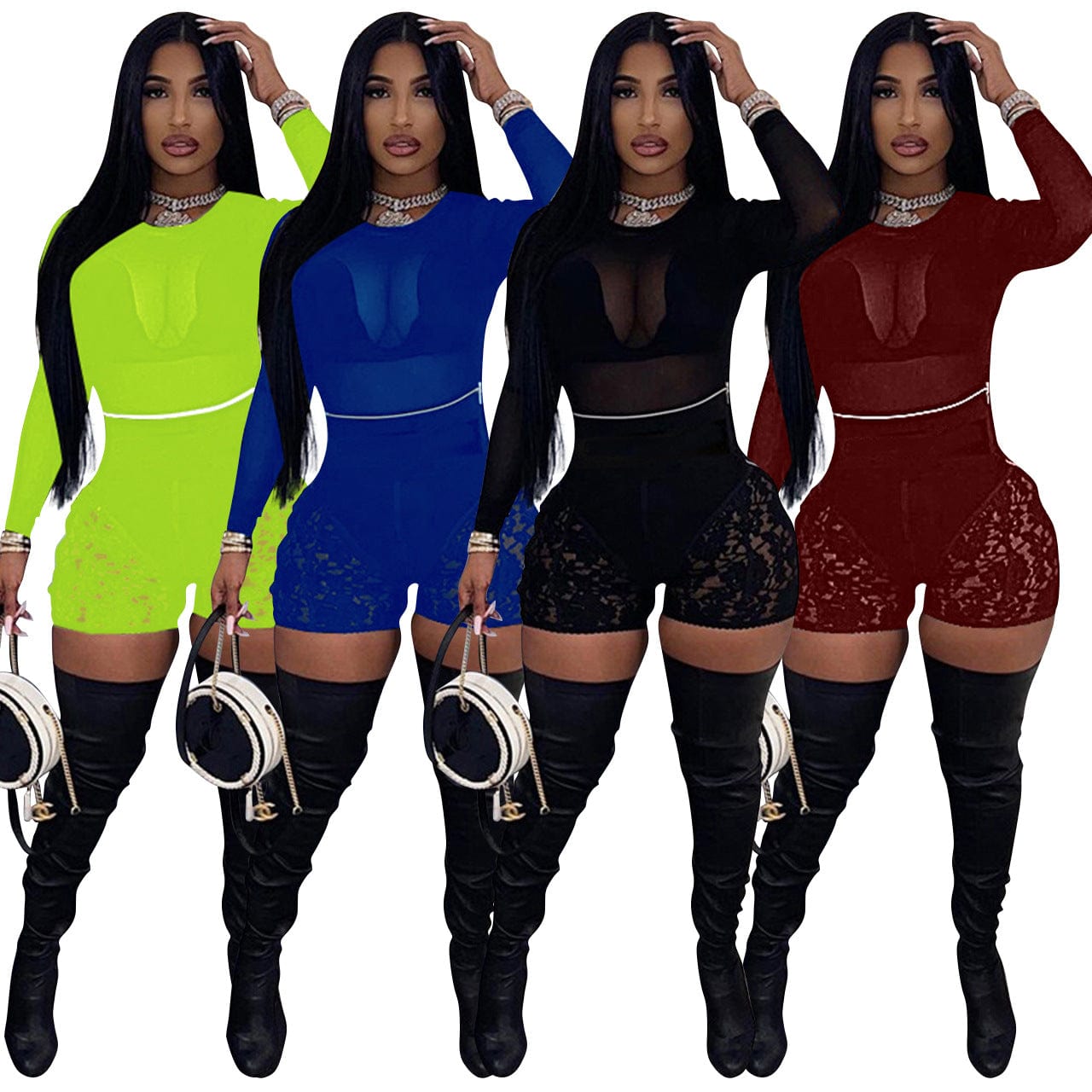 Women Mesh Cover up Sets Sheer 2 Piece Outfits Crop Top Zipper Short Sets Club Wear