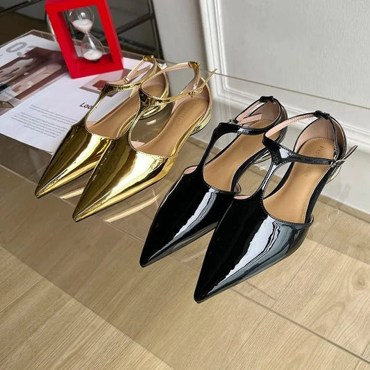 Women New Brand Fashion Pointed Toe Gold Ladies Elegant Dress Slingback Low Heel Mary Jane Flat Shoes