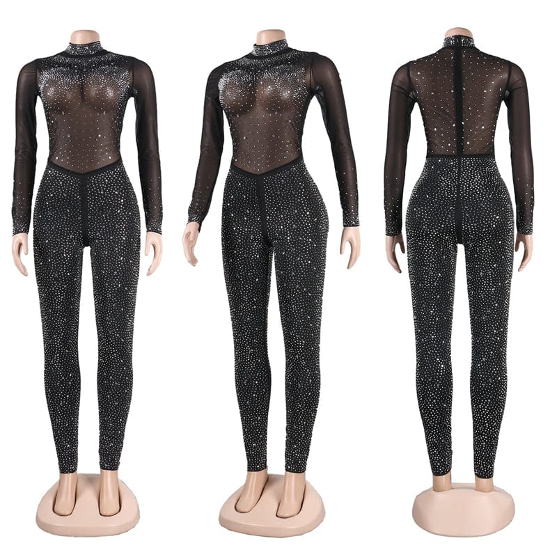 women night club red white ball gwn sexy nude sparkly rhinestone crystal long sleeve mesh see through one piece jumpsuit unicit