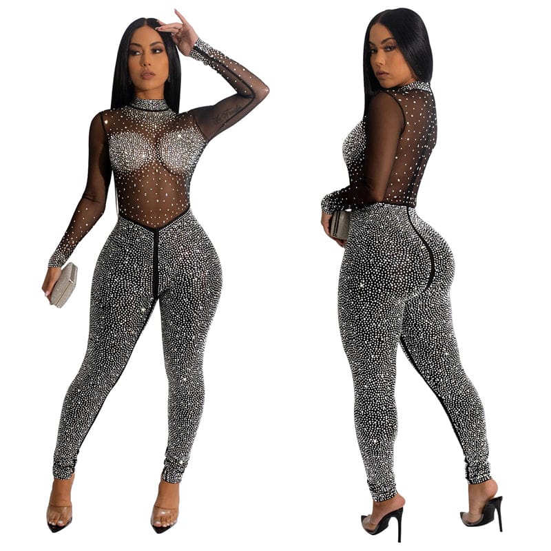 women night club red white ball gwn sexy nude sparkly rhinestone crystal long sleeve mesh see through one piece jumpsuit unicit