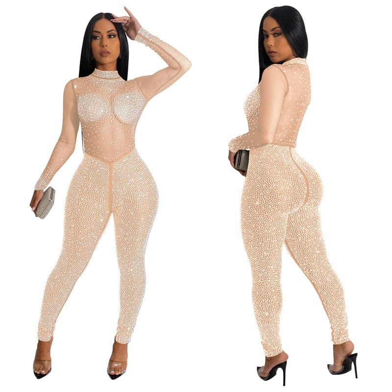 women night club red white ball gwn sexy nude sparkly rhinestone crystal long sleeve mesh see through one piece jumpsuit unicit