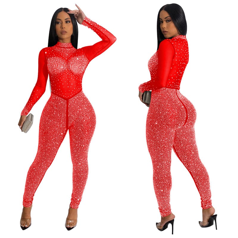 women night club red white ball gwn sexy nude sparkly rhinestone crystal long sleeve mesh see through one piece jumpsuit unicit