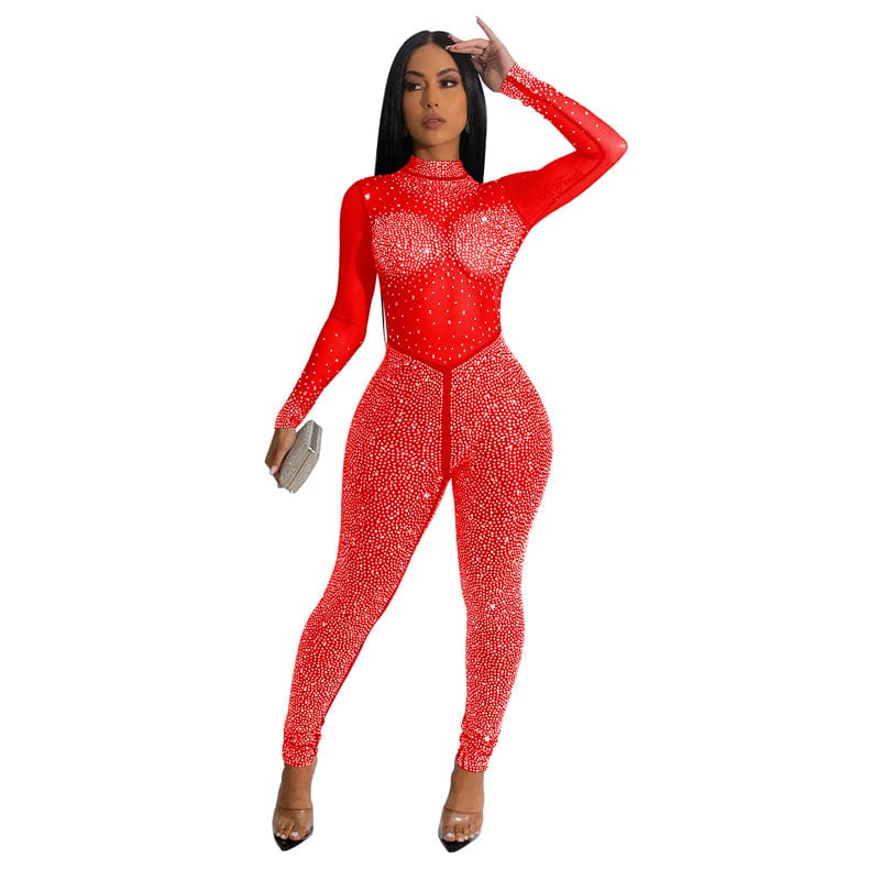 women night club red white ball gwn sexy nude sparkly rhinestone crystal long sleeve mesh see through one piece jumpsuit unicit