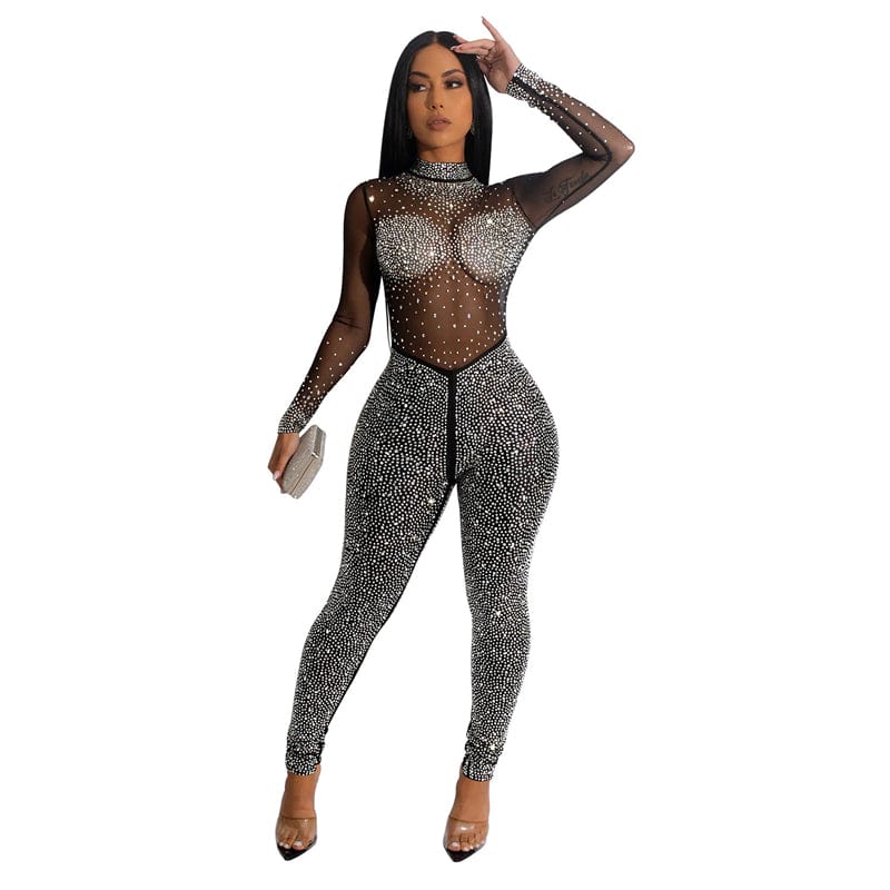 women night club red white ball gwn sexy nude sparkly rhinestone crystal long sleeve mesh see through one piece jumpsuit unicit
