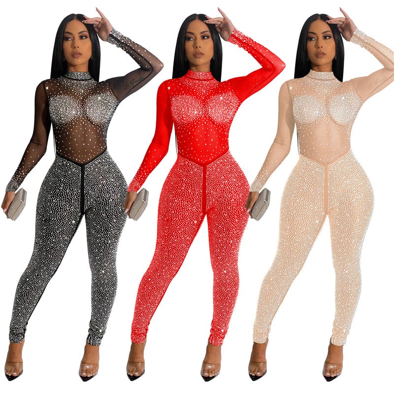 women night club red white ball gwn sexy nude sparkly rhinestone crystal long sleeve mesh see through one piece jumpsuit unicit