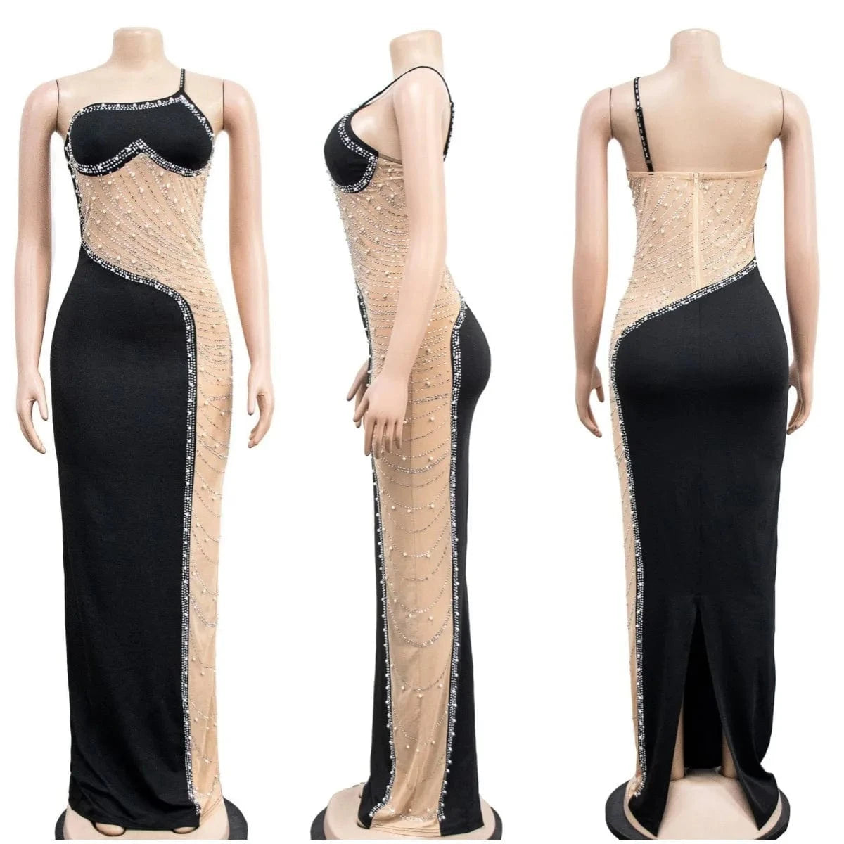 Women One Shoulder Split Long Dress Mesh Patchwork Rhinestone Beaded Dress Sleeveless Sexy Party Evening Dresses