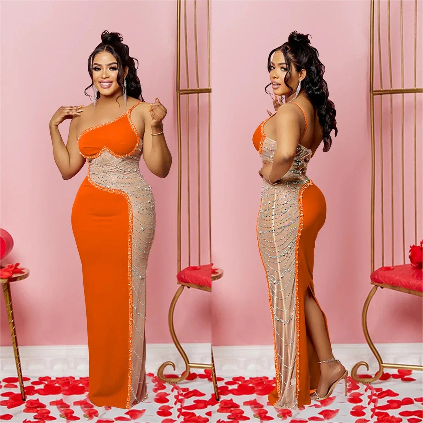 Women One Shoulder Split Long Dress Mesh Patchwork Rhinestone Beaded Dress Sleeveless Sexy Party Evening Dresses