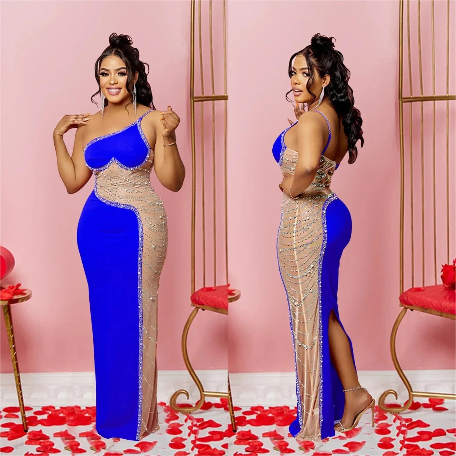 Women One Shoulder Split Long Dress Mesh Patchwork Rhinestone Beaded Dress Sleeveless Sexy Party Evening Dresses