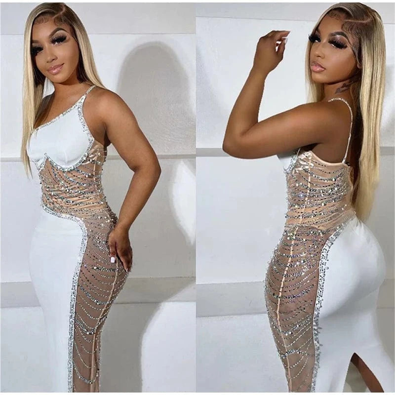 Women One Shoulder Split Long Dress Mesh Patchwork Rhinestone Beaded Dress Sleeveless Sexy Party Evening Dresses