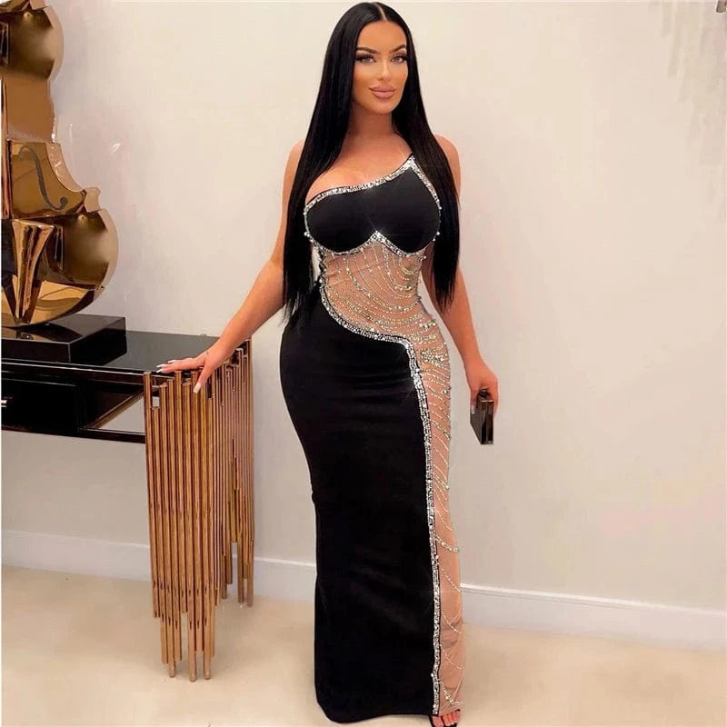 Women One Shoulder Split Long Dress Mesh Patchwork Rhinestone Beaded Dress Sleeveless Sexy Party Evening Dresses