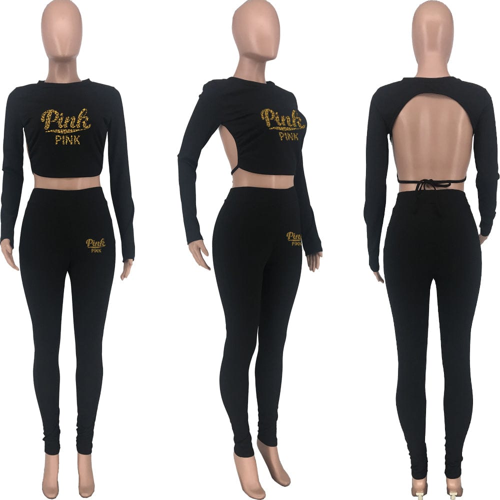 Women Outfits Sexy Print Patchwork  Backless O Neck Three Quarter Two Pieces Pant Set