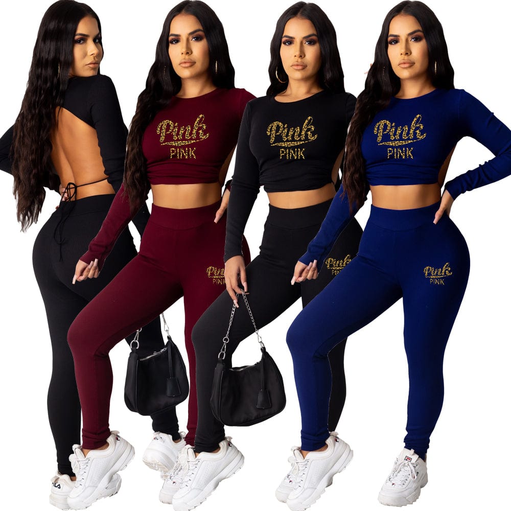 Women Outfits Sexy Print Patchwork  Backless O Neck Three Quarter Two Pieces Pant Set