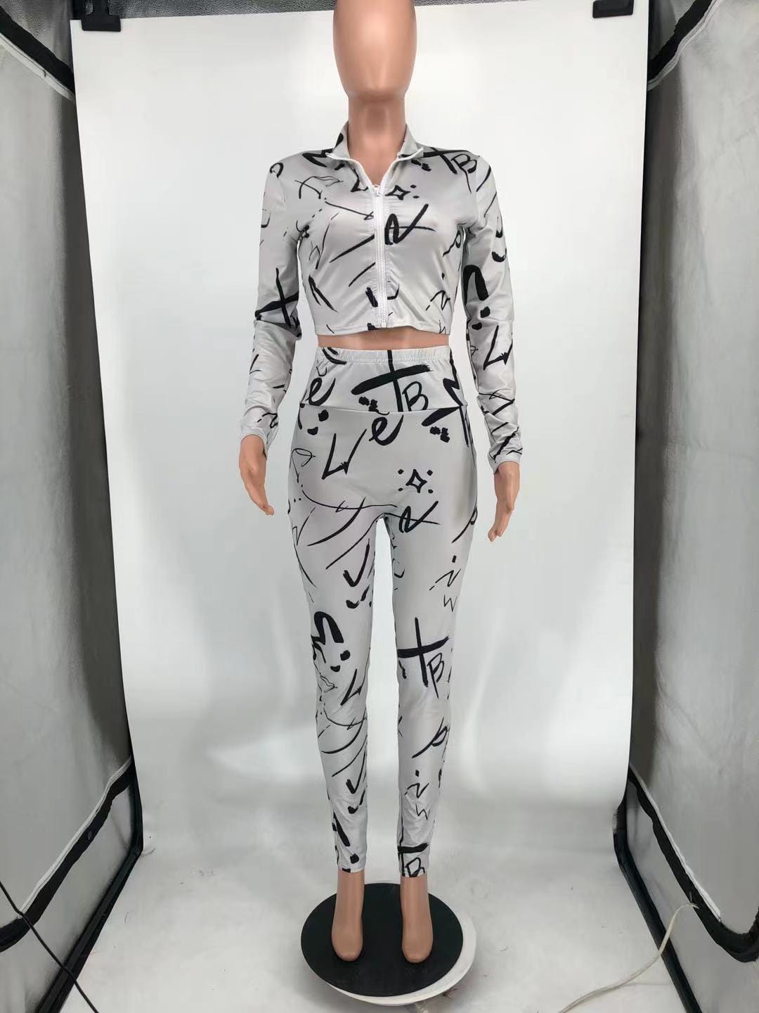 Women Outfits Women Outfit Round Neck Zipper Fashion Casual Printed Two Piece Pant Set