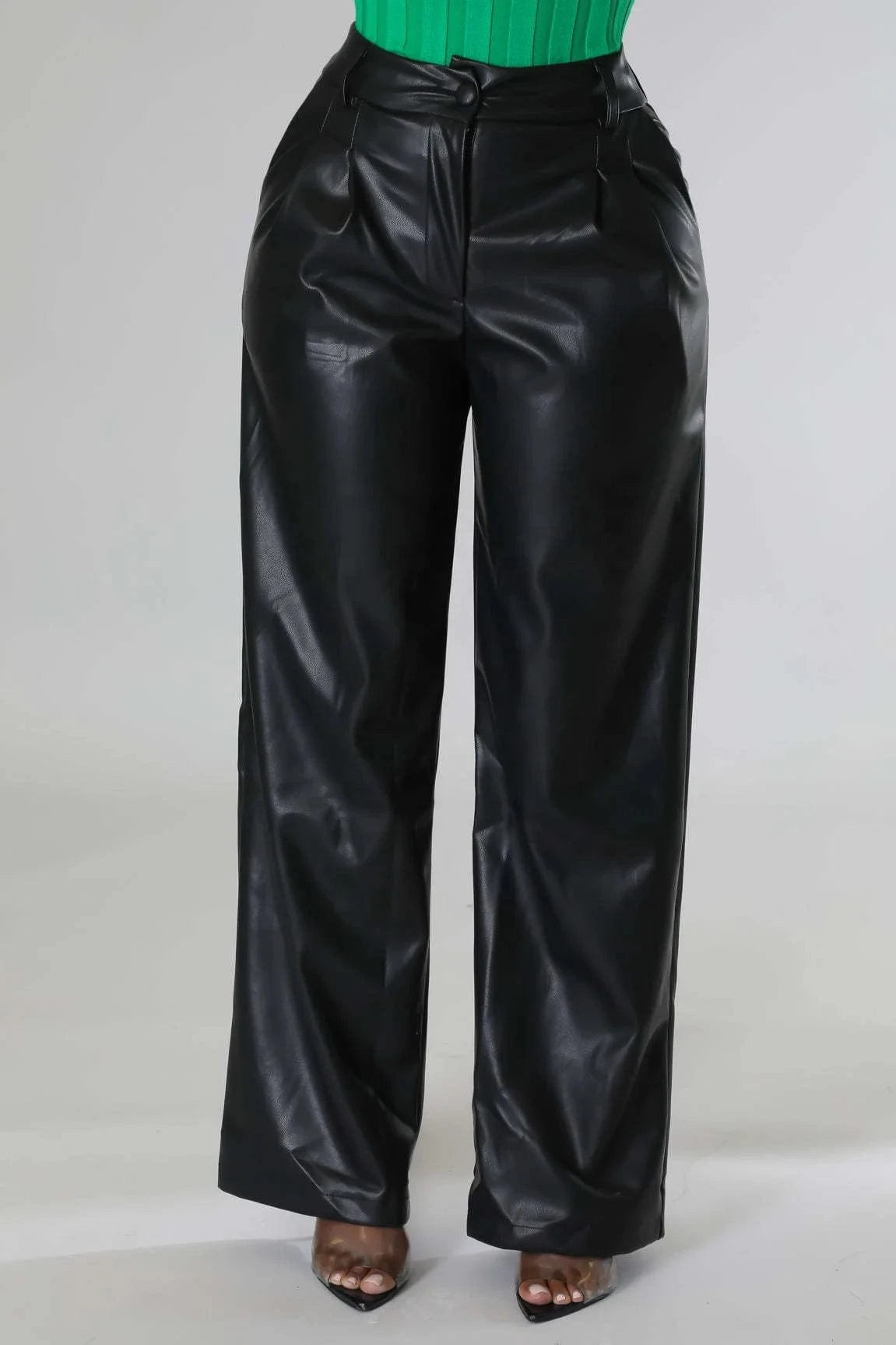 Women Pants Leather Pants Streetwear Casual Solid Loose Wide Leg Trouser With Pockets