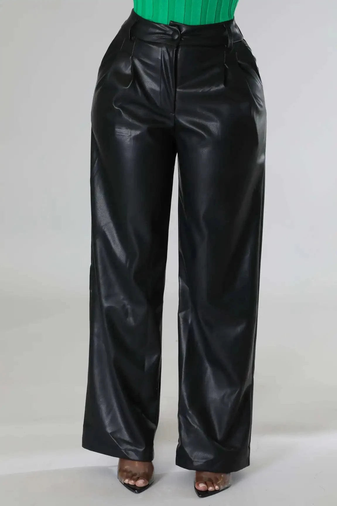Women Pants Leather Pants Streetwear Casual Solid Loose Wide Leg Trouser With Pockets