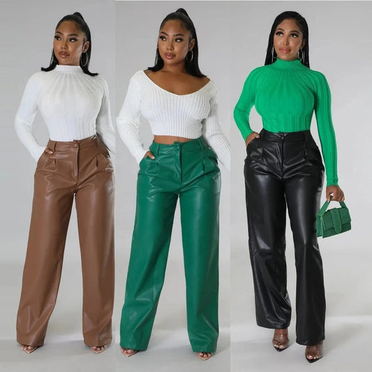 Women Pants Leather Pants Streetwear Casual Solid Loose Wide Leg Trouser With Pockets