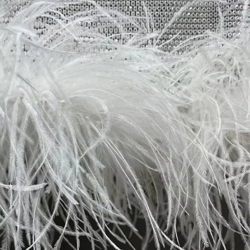 Women Party Sexy Mini Skirt Fluffy Ostrich Feather Has Elasticity Rhinestone Mesh Dress
