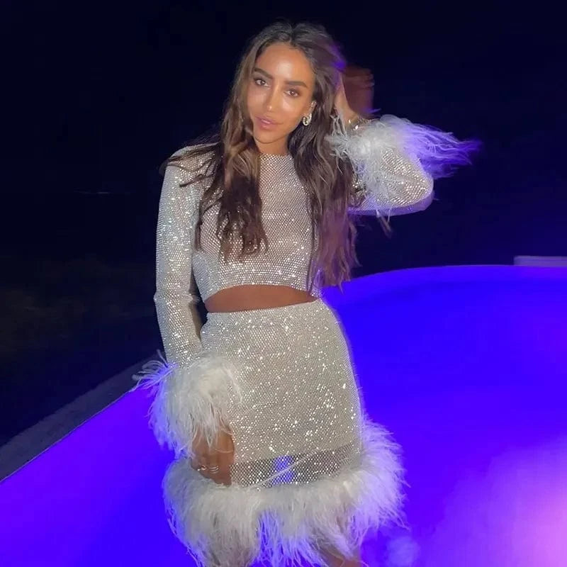 Women Party Sexy Mini Skirt Fluffy Ostrich Feather Has Elasticity Rhinestone Mesh Dress