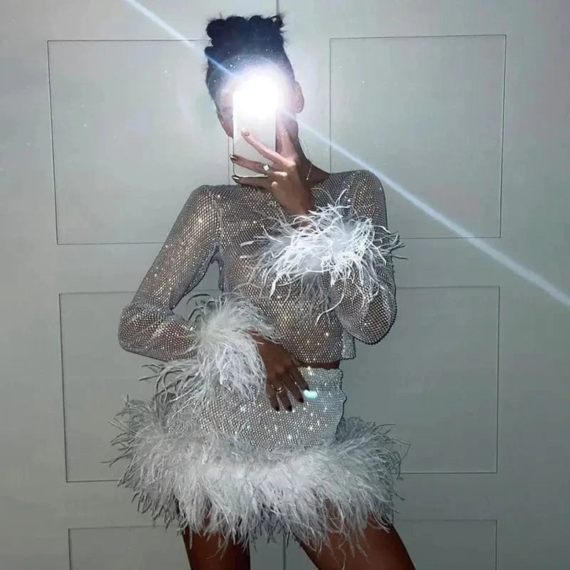 Women Party Sexy Mini Skirt Fluffy Ostrich Feather Has Elasticity Rhinestone Mesh Dress