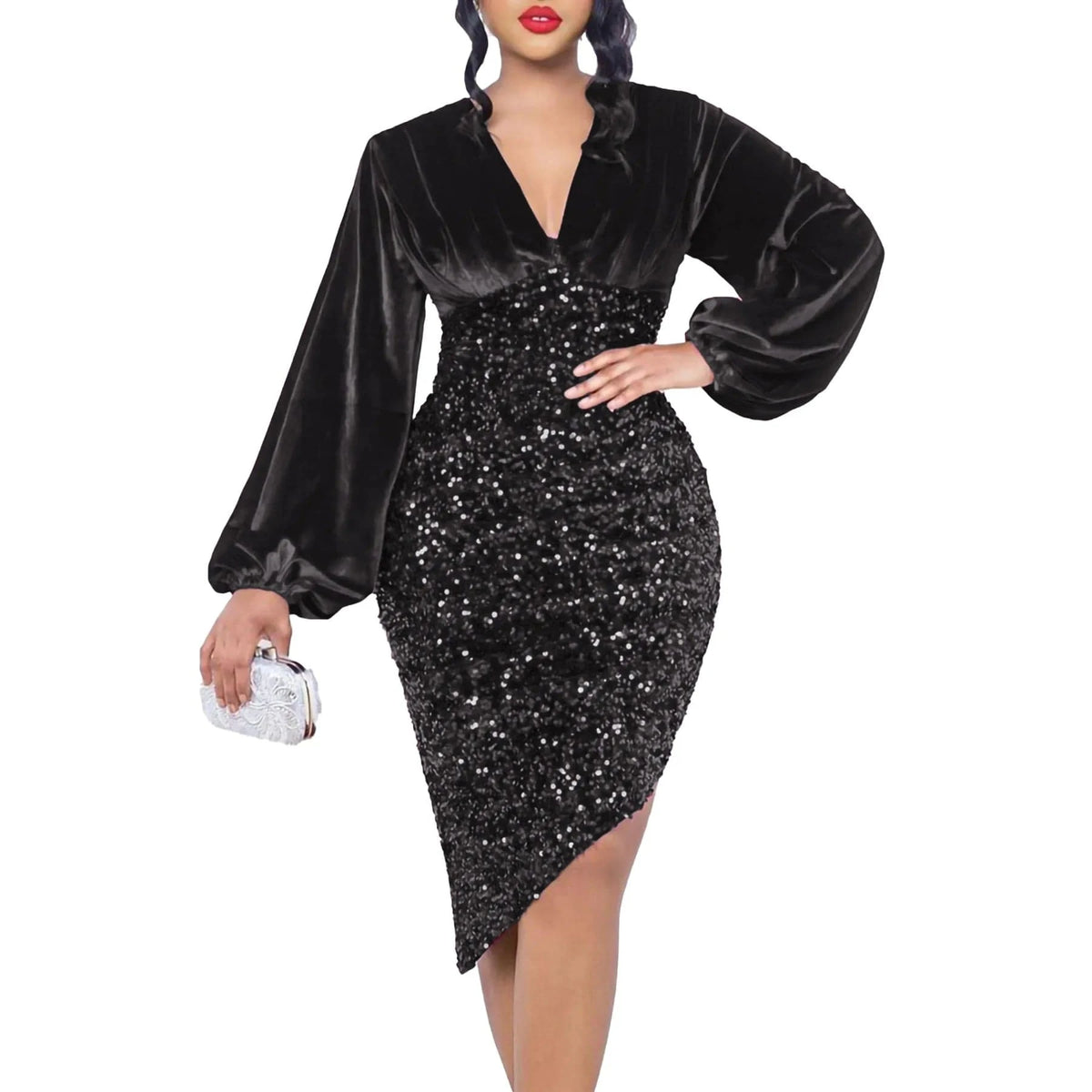 Women party short velour long sleeve evening sequin gold dinner dress