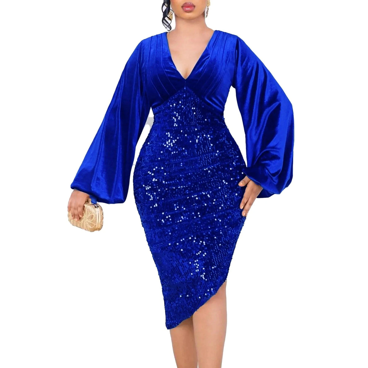 Women party short velour long sleeve evening sequin gold dinner dress