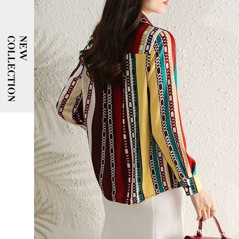 Women Polo Contrast Color Chain Print Long Sleeve Blouse Tops Women Simple Slim Work Basic Shirts Ladies