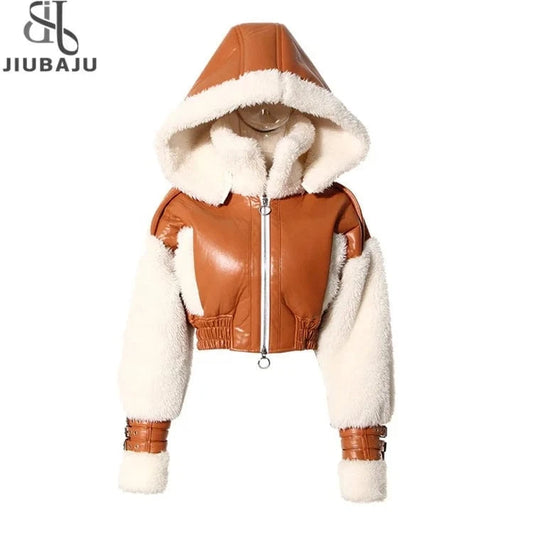 Women PU Coat 2023 Winter Lambswool Stitched Hooded Color Matching Short Leather Jacket Fashion High Waist Warm Tops
