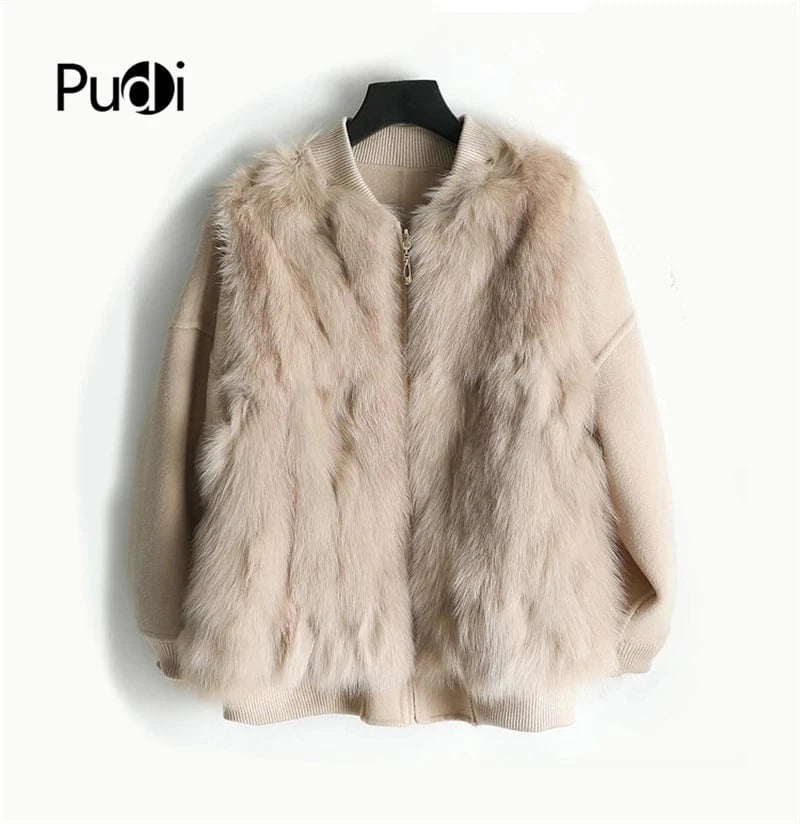 Women real wool coat lady fox lining fox fur collar jacket female Fall/Winter fur parka outwear ZY383