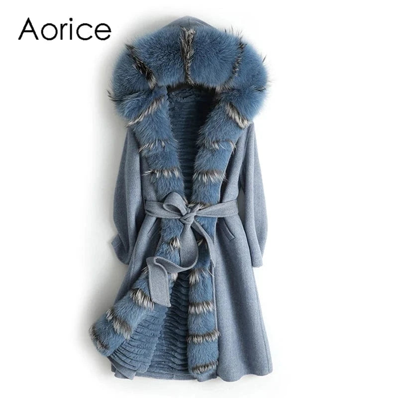 Women real wool coat lady rabbit fur lining fox fur collar jacket female Fall/Winter fur long outwear ZY18170