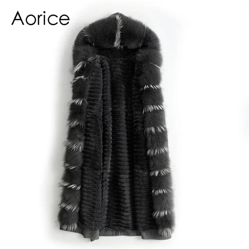 Women real wool coat lady rabbit fur lining fox fur collar jacket female Fall/Winter fur long outwear ZY18170