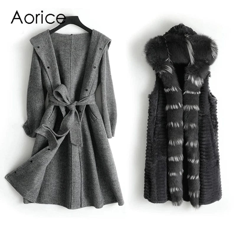 Women real wool coat lady rabbit fur lining fox fur collar jacket female Fall/Winter fur long outwear ZY18170