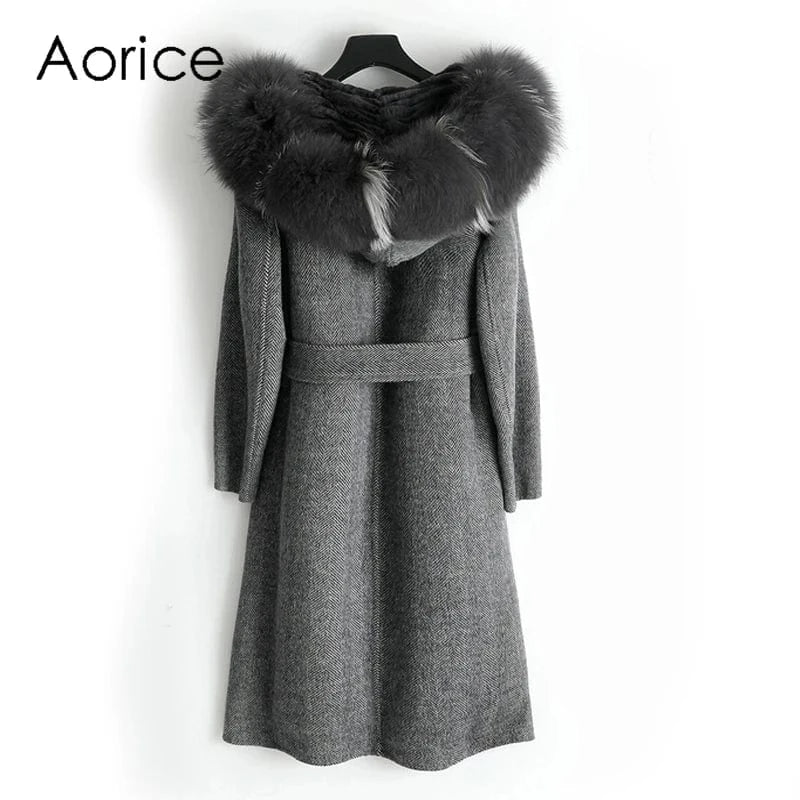 Women real wool coat lady rabbit fur lining fox fur collar jacket female Fall/Winter fur long outwear ZY18170
