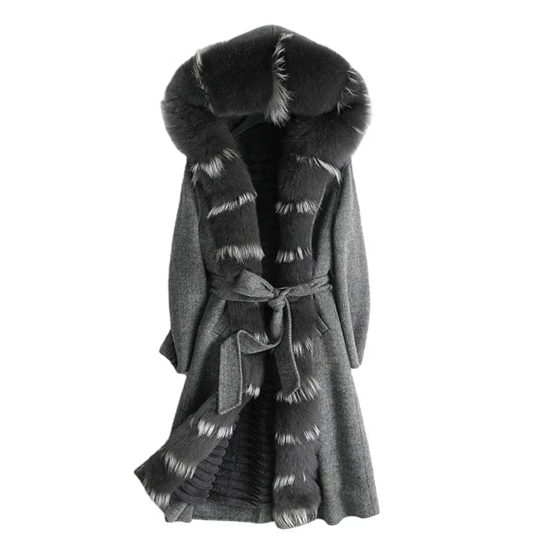 Women real wool coat lady rabbit fur lining fox fur collar jacket female Fall/Winter fur long outwear ZY18170